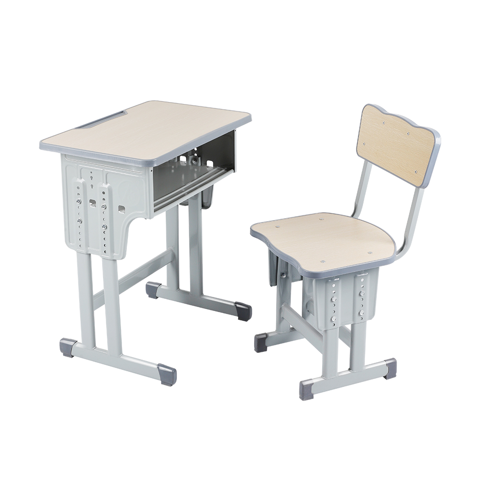 Double-Post Height-Adjustable School Desks and Chair Set With Covered Edge